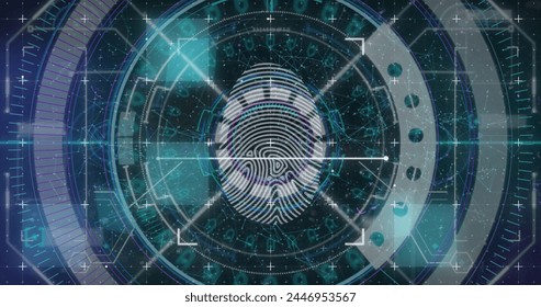 Biometric thumbprint against scope scanner with data processing on blue background. computer interface technology and cyber security concept