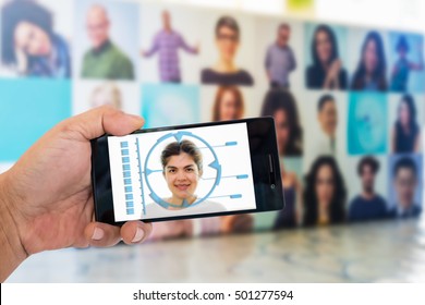 Biometric Verification, Face Recognition System Concept. Hand Holding Smart Phone With Female Face On Facial Recognition Software On Screen Against Blur Various Photo Frames Background.