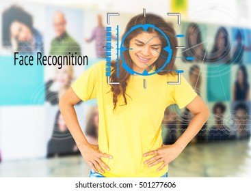 Biometric Verification, Face Recognition System Concept. Female Smiling With Facial Recognition Software Against Blur Various Photo Frames Background.