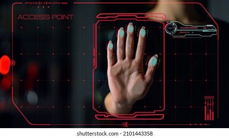 Biometrical access application denying hacker attack identifying person palm closeup. Modern technological protection system verify user unsuccessfully checking biometric. Hitech technology concept  - Shutterstock ID 2101443358