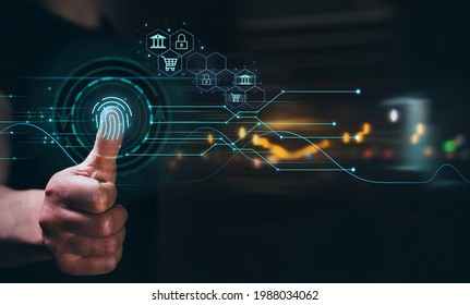  Biometrics security and innovation technology. Concept of securing personal data against hackers. Fingerprint indentification to personal access
 - Shutterstock ID 1988034062
