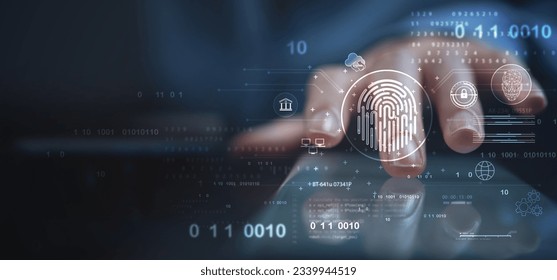 Biometrics security system. Woman using fingerprint identification to access personal financial data on mobile phone, mobile banking app. biometrics cyber security, technology against digital crime - Powered by Shutterstock