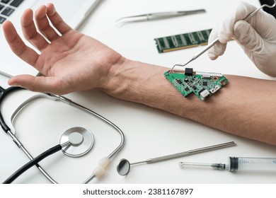 Bionic microchip inside human body - future technology and cybernetics concept.
