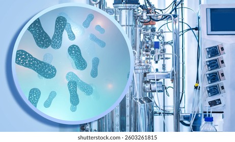 Bioreactor for production microbiotics. Probiotics are created in laboratory. Medical equipment. Production microbiotics at pharmacological factory. Probiotic cells for human gastrointestinal tract