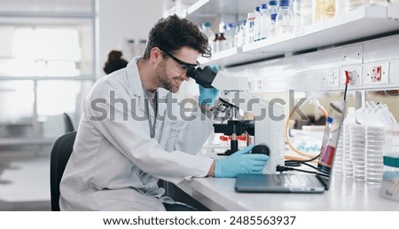 Biotech, research and man with microscope, science and check experiment for cancer treatment. Person, scientist and employee with lab equipment, vaccine or sample for monkeypox and studying particles