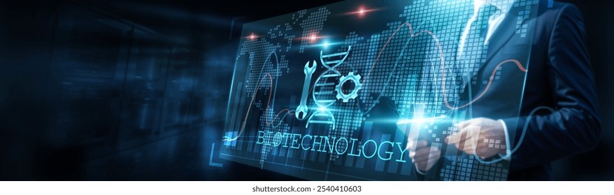 Biotechnologist meticulously analyzes complex biological data, visualizing patterns with intricate graphs, quantifying data volume with exponential growth charts, to pioneer groundbreaking innovations - Powered by Shutterstock