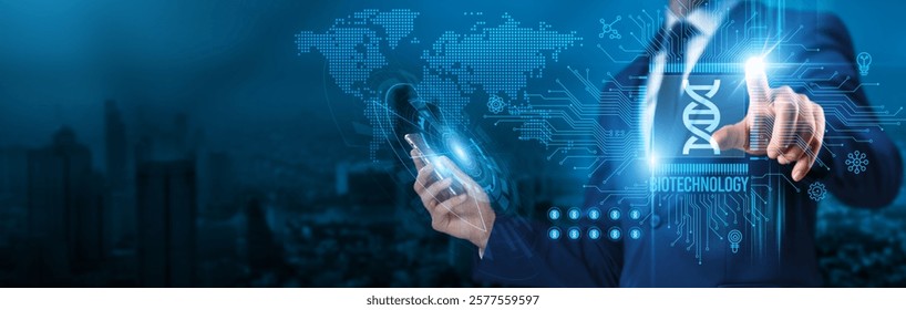 Biotechnology. Businessman touch a circuit board biotechnology innovation global network connectivity technology advancement collaboration, development research disruption growth. - Powered by Shutterstock - Get 15% off with code: PIKWIZARD15
