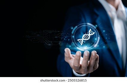 Biotechnology concept, research, development, innovation, advancing smart solutions from digital technology. Businessman show biotechnology icon on virtual screen. - Powered by Shutterstock