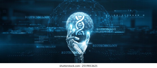 Biotechnology, Hands of robot hold biotechnology network connection, genetic, engineering, DNA, research, innovation, molecular, biotech, healthcare, pharmaceuticals. - Powered by Shutterstock - Get 15% off with code: PIKWIZARD15