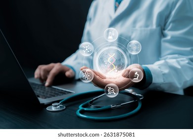 Biotechnology. A medical professional interacts with a holographic DNA display. genetic engineering and DNA sequencing technologies, bioinformatics tools for data analysis, Technology in healthcare.