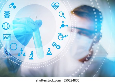 Biotechnology researcher concept or biotech science, close up of male biologist doing experiment.