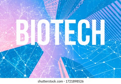 Biotechnology theme with abstract network patterns and skyscrapers