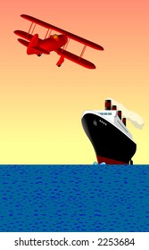 Biplane And Ship