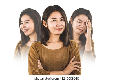 Bipolar Disorder Asian Woman Face Happy Smiling And Depressed Sad Moods  