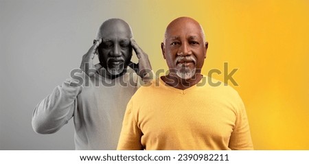 Bipolar Disorder Concept. Senior African American Man Suffering Mood Swings, Feeling Happy And Sad, Creative Collage With Black Male Portraits Expressing Different Emotions, Good And Bad Feelings