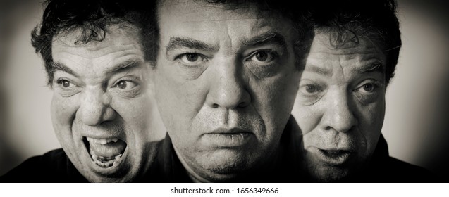 Bipolar Disorder. Double Exposure Photo. Portrait Of A Man - Emotional Struggle