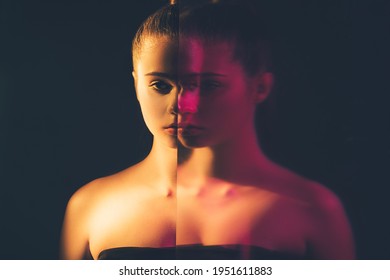 Bipolar Disorder. Mental Health. Depresion Loneliness. Double Exposure Silhouette Night Half Face Portrait Of Apathetic Woman With Mirror Reflection Out Of Focus In Pink Neon Light Isolated On Dark.