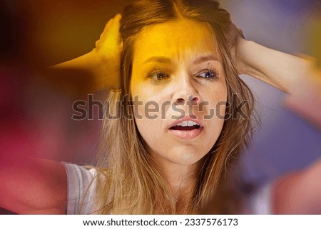 bipolar disorder people emotion mental woman. Close-up photo of a young beautiful sad woman suffering from multiple personality disorders. 