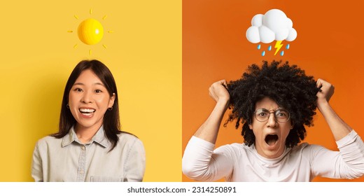 Bipolar Disorder. Portraits Of People With Different Mood Posing Over Colorful Backgrounds, Creative Collage With Hapy Asian Woman With Sun Emoji And Upset Black Man With Rain Cloud Above Head