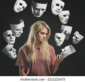 Bipolar Masks, Woman With Mental Health Problems, Psychologist Or Therapist And Medication Help. Anxiety, Depression And Schizophrenia Need Therapy Or Chemical Help From Prescription Pills Or Drugs