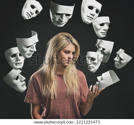 Bipolar masks, woman with mental health problems, psychologist or therapist and medication help. Anxiety, depression and schizophrenia need therapy or chemical help from prescription pills or drugs