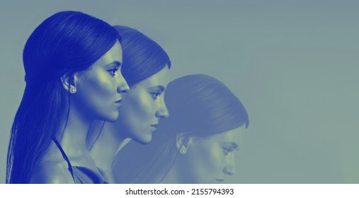 bipolar mental disorder. Double face. Split personality. Conceptual mood disorder. Dual personality concept. 3 silhouettes of a female head. mental health. Imagination. - Shutterstock ID 2155794393