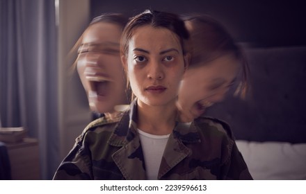 Bipolar, schizophrenia and military woman with PTSD, war stress and tired from mental health problem. Anxiety, screaming and portrait of a soldier with insomnia, trauma and angry from battle in home - Shutterstock ID 2239596613