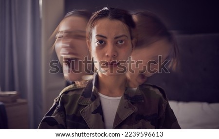 Bipolar, schizophrenia and military woman with PTSD, war stress and tired from mental health problem. Anxiety, screaming and portrait of a soldier with insomnia, trauma and angry from battle in home
