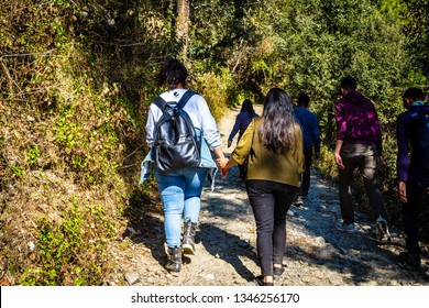 Bir Billing, Himachal Pradesh / India -06/06/2018: Trekking Group Of Girls On Their Way To The Top Of The Hill. The Only Trek Around The Forest Mountain Region.