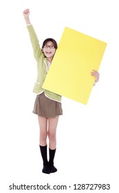 Biracial Asian Girl In Green Sweater Holding Blank Yellow Sign, Arm Cheering In Air