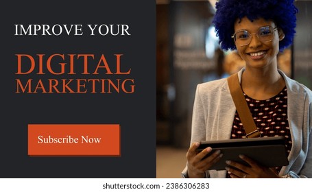 Biracial businesswoman using tablet and improve your digital marketing, subscribe now text. Composite, log in, marketing, business, card, advertise, template, design, creative concept. - Powered by Shutterstock