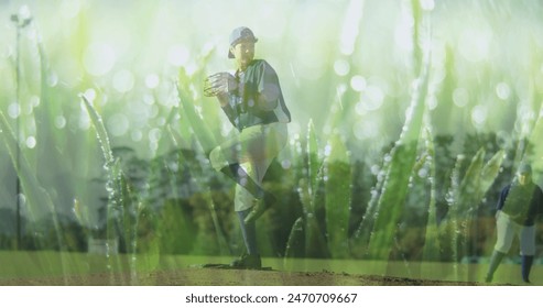 Biracial child in baseball gear stands on pitcher's mound, glove in hand. Background shows another player, focusing on game in sunlit field - Powered by Shutterstock