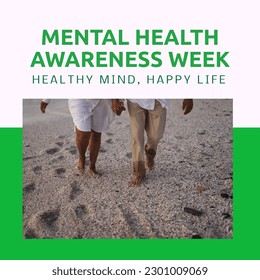 Biracial couple walking on beach and mental health awareness week, healthy mind happy life. Composite, text, low section, holiday, together, anxiety, support, healthcare and prevention. - Powered by Shutterstock