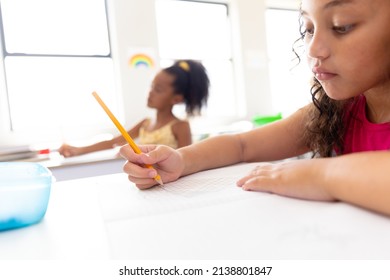 Biracial elementary schoolgirls writing on book while sitting at desk in classroom. unaltered, childhood, education and back to school concept. - Powered by Shutterstock