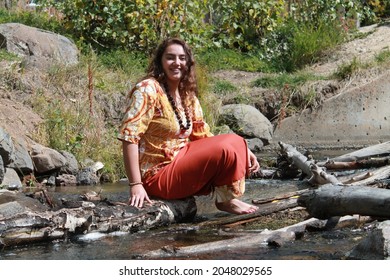 Biracial Samoan Female Enjoying The Fall Forest Outdoors