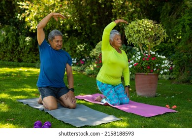 Biracial senior couple with arm raised kneeling on yoga mats while exercising against plants in yard. nature, unaltered, love, togetherness, retirement, yoga, fitness and active lifestyle concept. - Powered by Shutterstock