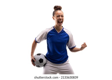 Biracial young female player shouting while standing with clenched fist and soccer ball. white background, unaltered, sport, sports uniform, copy space, victory, athlete and women's soccer. - Powered by Shutterstock