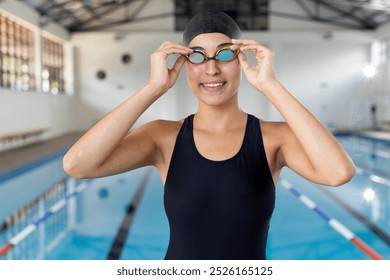 Biracial young female swimmer adjusting goggles indoors at pool. She has light brown skin, dark hair, and is wearing a black swimsuit. - Powered by Shutterstock