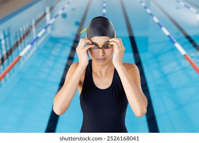 Biracial young female swimmer adjusting goggles at an indoor pool. She has light brown skin, dark hair, and is wearing a black swimsuit, unaltered. - Powered by Shutterstock