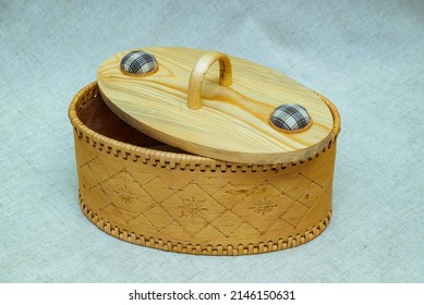 Birch Bark Box With A Wooden Lid With Decoration