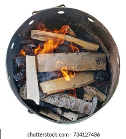 Birch Firewood And Logs Burn In A Steel Barrel. The Barrel Will Be Used For Cooking Pilaf. Isolated On White Top View Shot