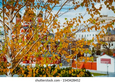 birch on the background of the red church - Shutterstock ID 1543428452