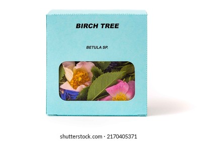 Birch Tree Medicinal Herbs In A Cardboard Box. Herbal Tea In A Gift Box