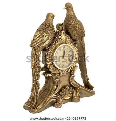 Bird Antique Marble Bronze golden Retro Mantel Vintage Table clock isolated with Decorative figurine sculpture. Empire Style Decorative Time Pieces Statue for Living Room and Bedrooms.