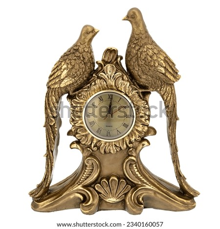 Bird Antique Marble Bronze golden Retro Mantel Vintage Table clock isolated with Decorative figurine sculpture. Empire Style Decorative Time Pieces Statue for Living Room and Bedrooms.