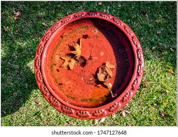 Bird Bath With Autumn Leaves Red Round