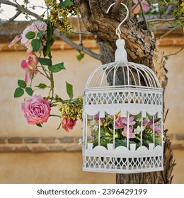 A bird cage with flowers hanging from it. Wedding concept. - Powered by Shutterstock