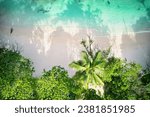 Bird eye drone of baie lazare beach, White sandy beach, turquoise water, coconut palm trees, sunny day, Mahe Seychelles 