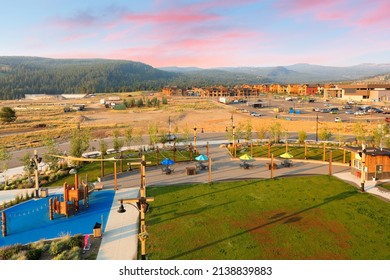 Bird eye view of Big Sky town of Montana State at sunrise with beautiful color sky, MT USA. Big Sky is a community in the Rocky Mountains of southern Montana