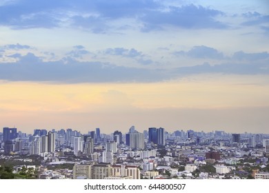 Bird Eye View A City Of Bangkok And Blue Of Sky With Clouds In The Evening,Background